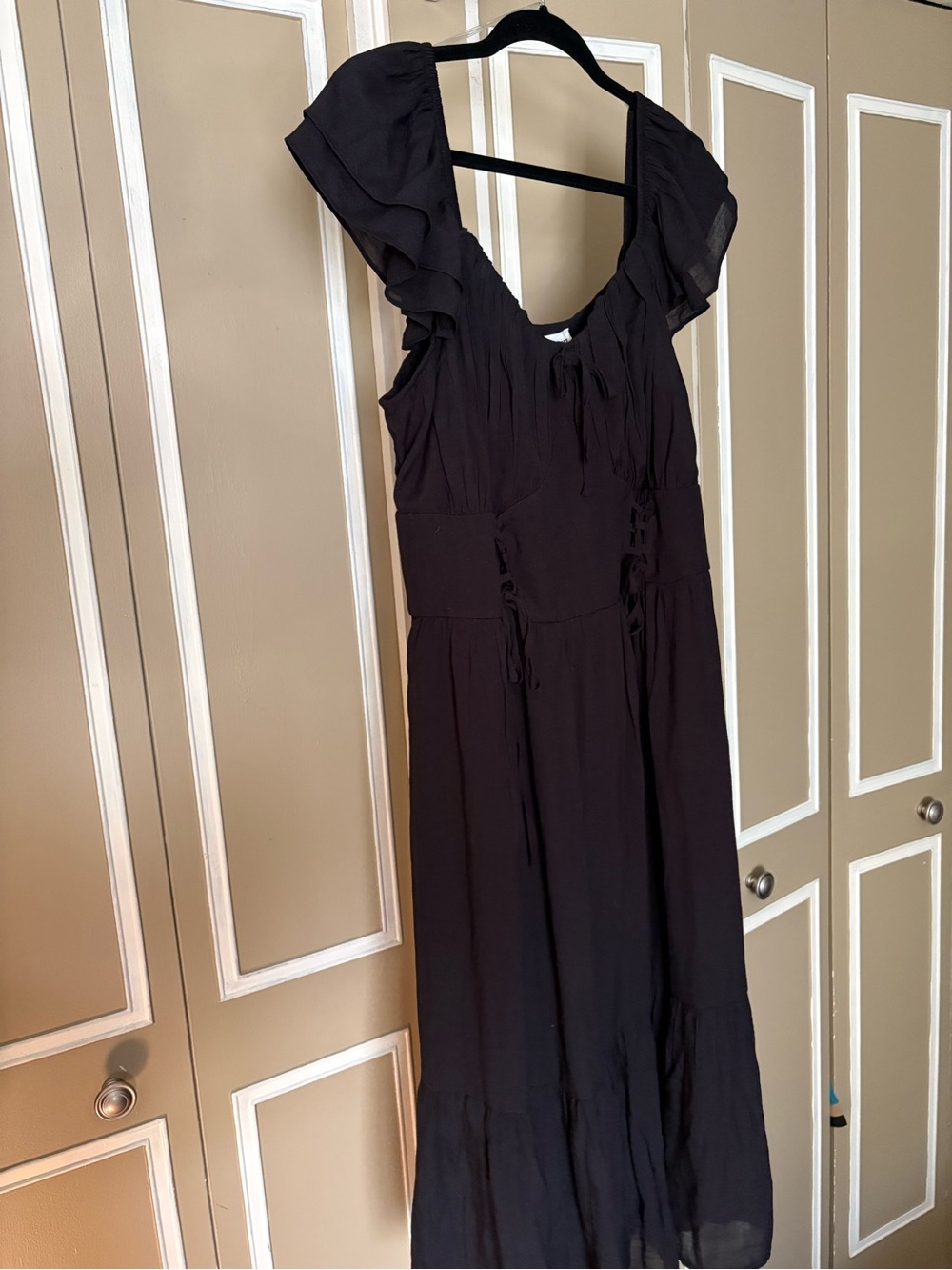 Trixxi Black Midi Dress with Ruffled Cap Sleeves